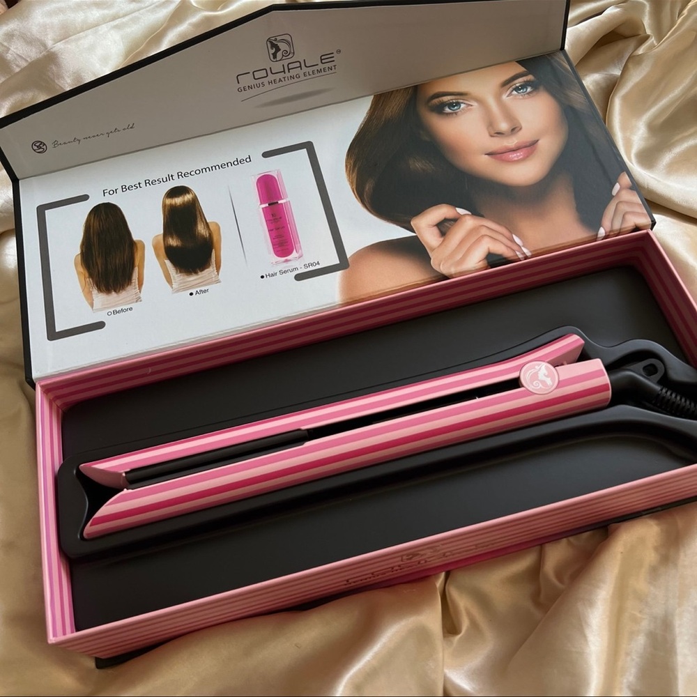 Royale USA “Platinum Genius Heating Element Flat Iron” in Pink Stripe Pattern